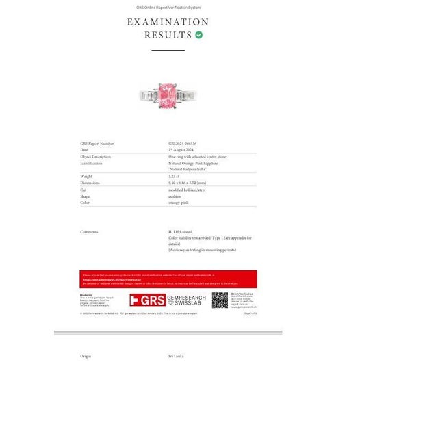 3.23 Carat Padparadscha Sapphire Diamond Platinum Ring, Grs Certified For Sale In Los Angeles - Image 6 of 7