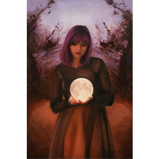 Pink Moon by Sara Scribner | Oil on Aluminum Woman holding a glowing moon in a dark landscape. For Sale