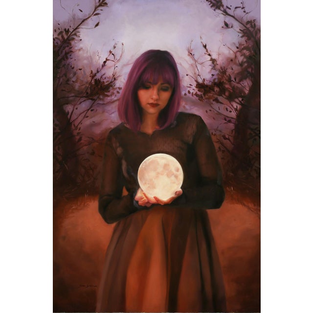 Pink Moon by Sara Scribner | Oil on Aluminum Woman holding a glowing moon in a dark landscape. For Sale