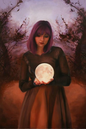 Pink Moon by Sara Scribner | Oil on Aluminum Woman holding a glowing moon in a dark landscape.