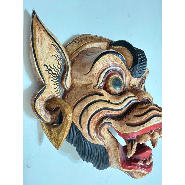 Folk Art Vintage Balinese Hand-Carved & Painted Barong Monkey Wood Wall Mask For Sale - Image 3 of 11