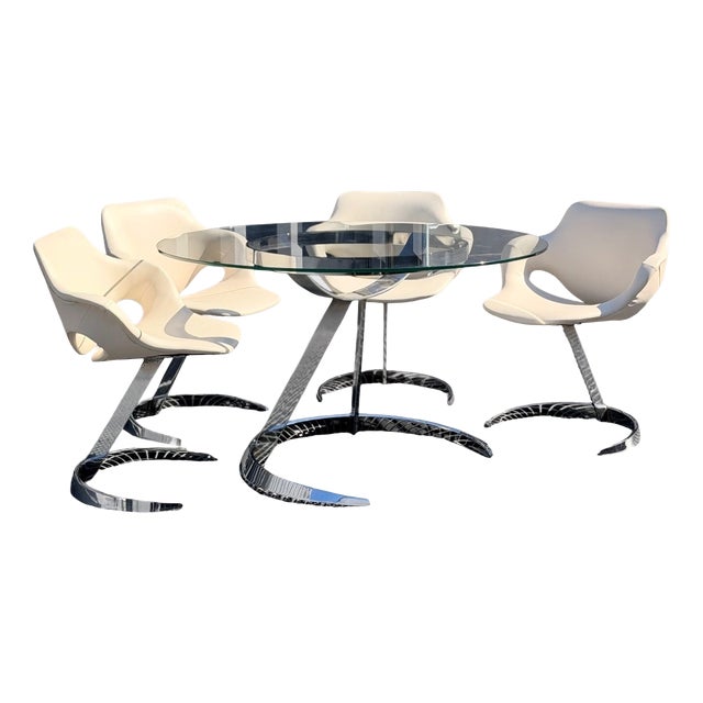 Space Age Chrome, Glass and White Leather Dining Room Set by Euro Steel, 1970s, Set of 5 For Sale