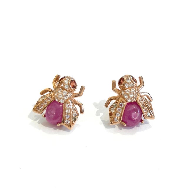 Bochic “Orient” Ruby & White Topaz Sapphires Set In 18K Gold & Silver Earrings Natural Red Rubies Cabochons and Pear...