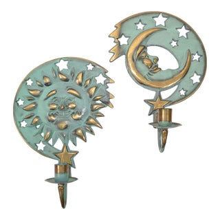 1994 Brass Sun and Moon Candle Sconces Wall Candle Holders Partylite- Set of 2 For Sale