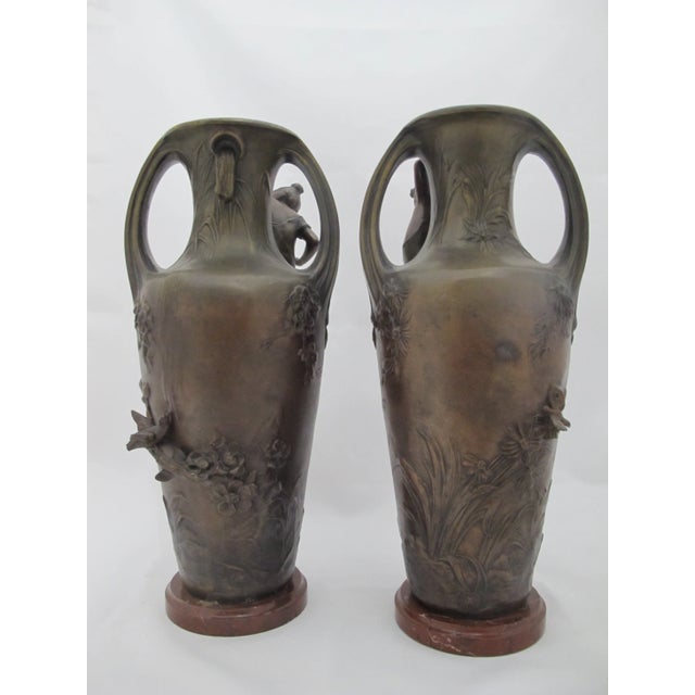 Francois Moreau Signed Female Figural Bird & Flower Art Nouveau Bronze Vase Pair For Sale - Image 4 of 17