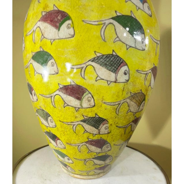 1960s Large Persian Vintage Hand Painted Ceramic Fish Vase For Sale - Image 5 of 13