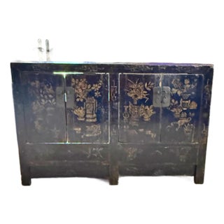 1930s Chinese Black Chinoiserie Painted Cabinet, Adapted for Media For Sale