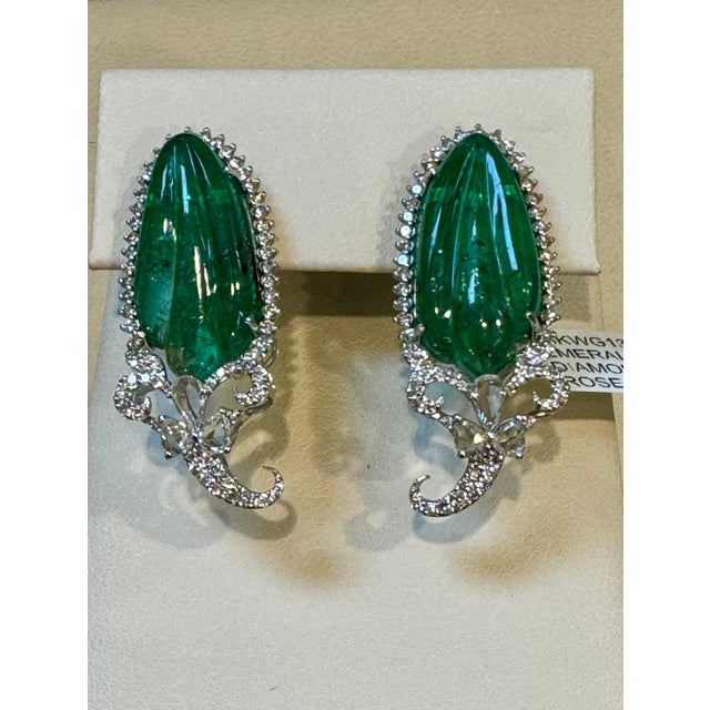 Modern 22 Ct Carved Emerald & 2 Ct Diamond Earrings 18 Karat White Gold Post Earrings For Sale - Image 3 of 8