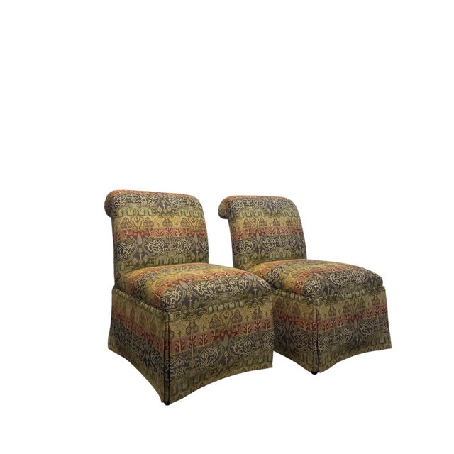 English Pair of Tapestry Upholstered Slipper Chairs For Sale - Image 3 of 12