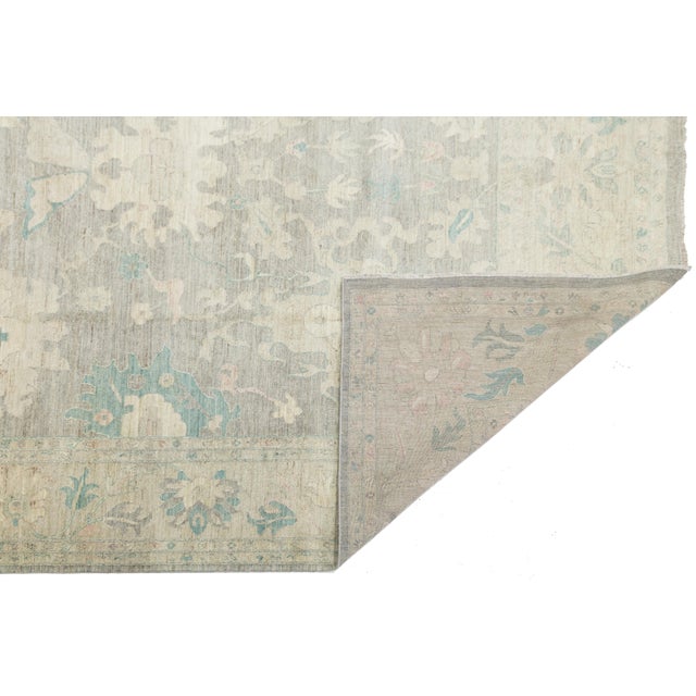 Modern 11x16 Modern Oushak Style Hand-Knotted Wool Area Rug in Taupe, Soft Teal & Blush For Sale - Image 3 of 11
