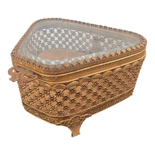 Vintage Gilt Ormolu Jewelry Box With Beveled Glass Top and Velvet Interior For Sale