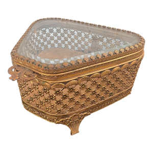 Vintage Gilt Ormolu Jewelry Box With Beveled Glass Top and Velvet Interior