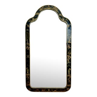 Vintage Arched Asian Mirror With Gesso Painted Black Wood Frame For Sale