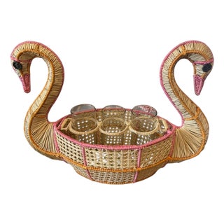 Woven Rattan Double Swan Glass Carrier / Planter Basket With Pink Accents For Sale