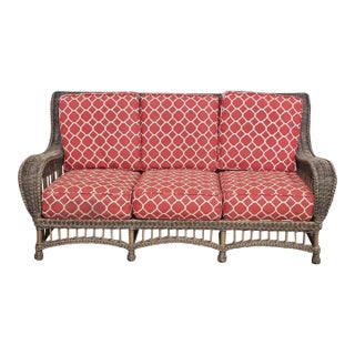 Ethan Allen Outdoor Rattan Sofa With Seat Cushions in Red Geometric Pattern Fabric, Attributed For Sale