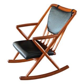 1960s Attributed to Benny Linden Danish Teak Rocking Chair | Reupholstered Black Leather For Sale