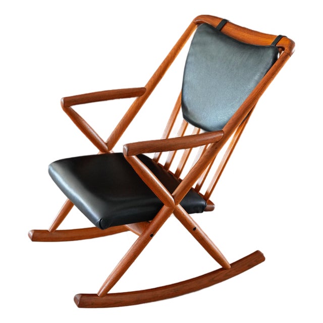 1960s Attributed to Benny Linden Danish Teak Rocking Chair | Reupholstered Black Leather For Sale