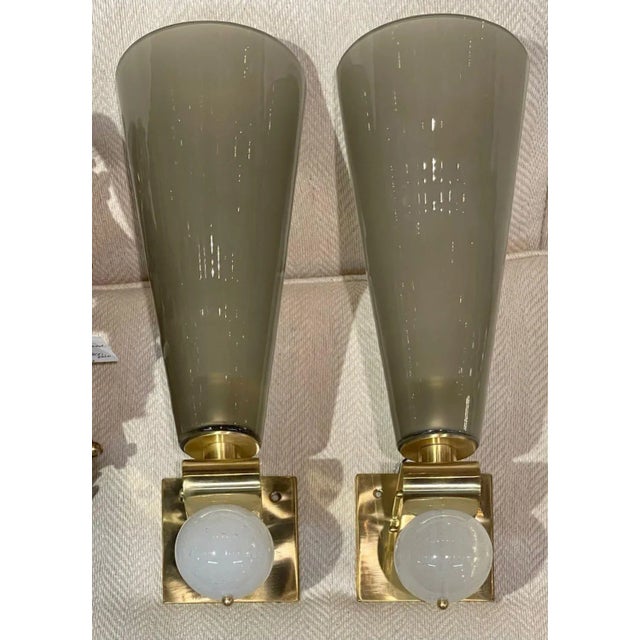 Green Pair of Modern Murano Glass and Brass Cone Form Sconces For Sale - Image 8 of 9