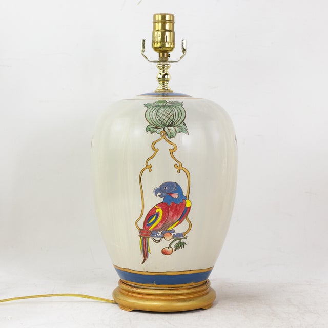 Vintage Hand-Painted Chinoiserie Ceramic Parrot and Cherry Table Lamps - a Pair For Sale In New York - Image 6 of 13