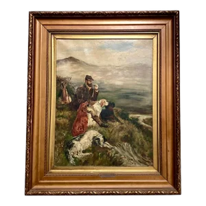 Antique Folk Art Hunt Scene With Dogs Oil Painting E. Roberts
