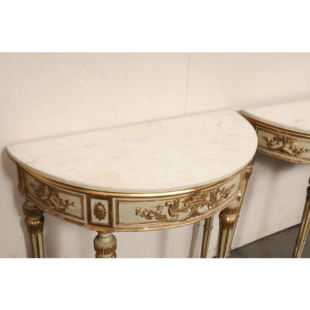 18th Century A Pair - 18th Century Italian Marble Top, Gilt Demi-Lunes For Sale - Image 5 of 12