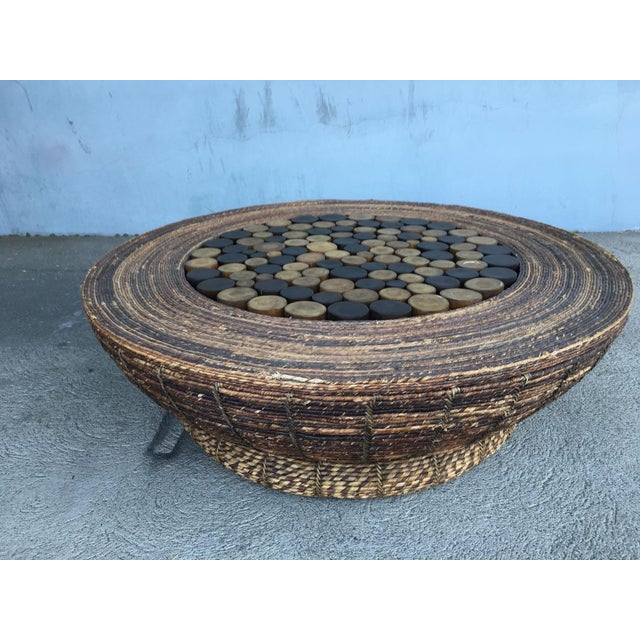 Woven Wicker Cocktail Table With Tropical Pole Center For Sale In Los Angeles - Image 6 of 7