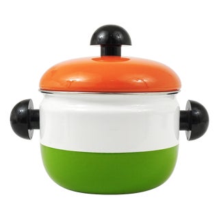 Orange, White and Green Enameled Pot with Lid attributed to Carl Auböck, Austria, 1970s For Sale