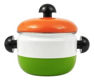 Orange, White and Green Enameled Pot with Lid attributed to Carl Auböck, Austria, 1970s