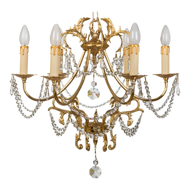 1970s Brass 6 Branch Chandelier With Crystals For Sale