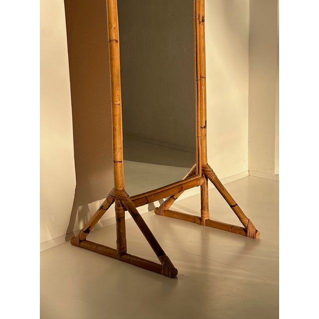 Brown Rectangular Bamboo Rattan Floor Mirror, 1970s For Sale - Image 8 of 10