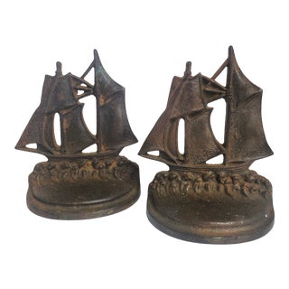 Vintage 1920's Bradley and Hubbard Cast Iron Sailboat Ship Bookends - a Pair For Sale