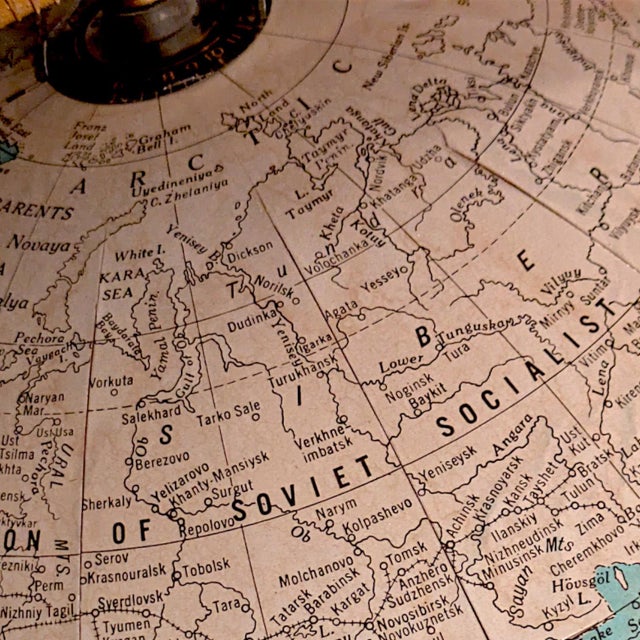 Ivory Collectible Cartographic Vintage 16" Cram's Imperial World Globe on Brass Toned Floor Stand For Sale - Image 8 of 11