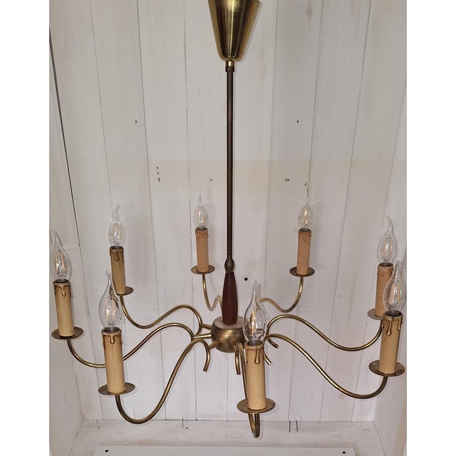 Vintage Mid-Century 8-Light Chandelier with Brass Frame and Teak Wood, 1960s For Sale - Image 4 of 8