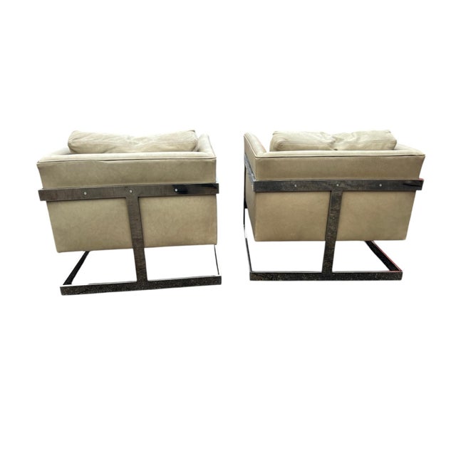 Thayer Coggin Pair Milo Baughman Thayer Coggin 989-103 T-Back Chrome Leather Cube Chairs For Sale - Image 4 of 18