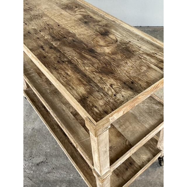 Tan Vintage Rustic Plank Wood Three Tier Console on Casters For Sale - Image 8 of 12