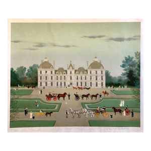 Michel Delacroix Hand signed Folk Art Naive lithograph on Japon Paper Paris French Country Scene