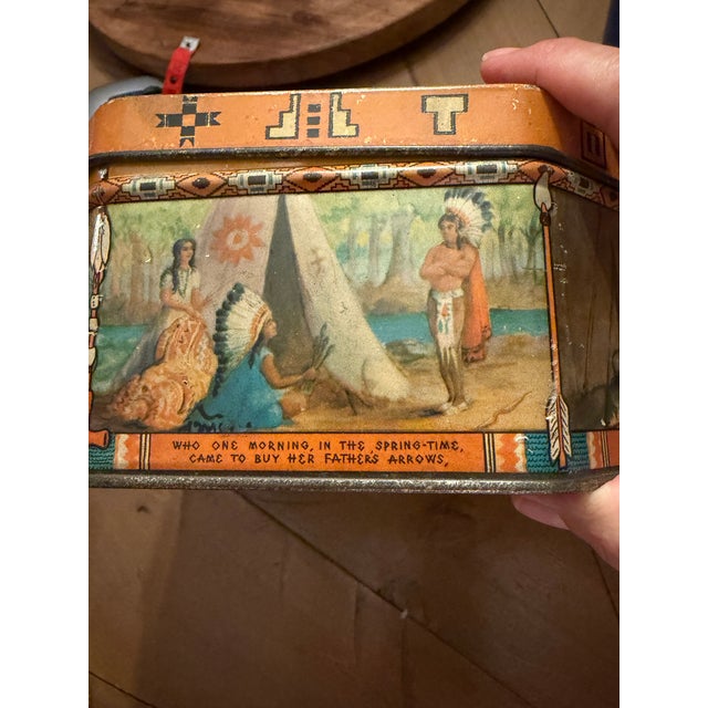 1930s Loose-Wiles Hiawatha’s Wedding Journey Lithographed Biscuit Tin For Sale - Image 9 of 10