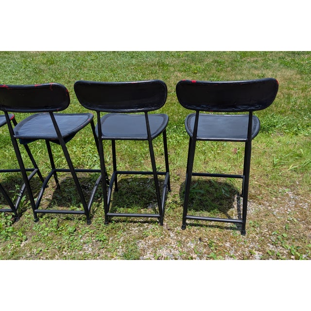 1970s Vintage Set of 6 Black Leather Seats Bar Stools 1970s Mid Century Modern For Sale - Image 5 of 18