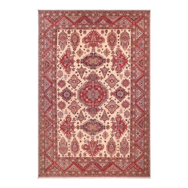 Southwestern Super Kazak Ivory/Red Wool Rug - 8'8'' X 12'4'' For Sale