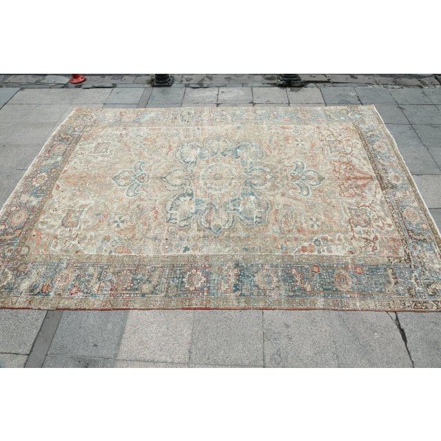 Antique Distressed Heriz Rug – Handwoven Wool on Cotton, Faded Blue & Terracotta Medallion Carpet -7' 11'' X 11' 2'' For Sale - Image 12 of 18