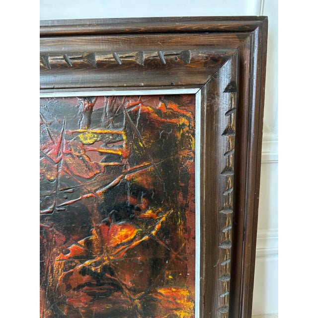 Wood 1960’s “Man in Web” Brutalist Abstract Sgraffito Oil Painting, Framed For Sale - Image 7 of 12