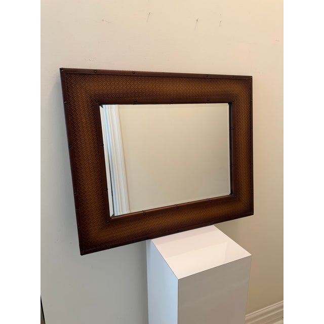 Campaign Vintage Ralph Lauren Style Equestrian Cognac Leather Beveled Mirror With Basketweave & Nailhead Detail For Sale - Image 3 of 9