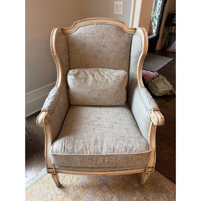 Wood John Richard Collection "Rayna" Wingback Chair in Dusty Blue Botanical Jacquard (Set of 2) For Sale - Image 7 of 9