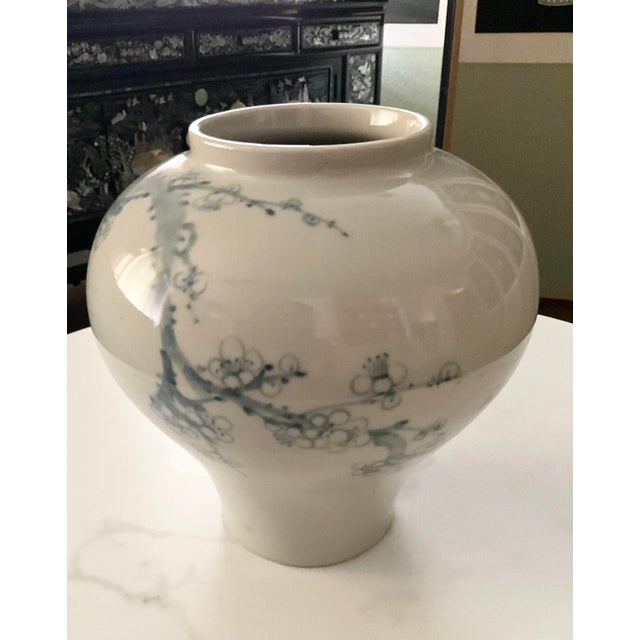 Korean White Celadon Style Vintage Pottery With Cherry Flower Design For Sale - Image 4 of 6