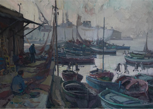 Pascual Bueno Ferrer, Port of Barcelona, 1950s, Oil on Canvas