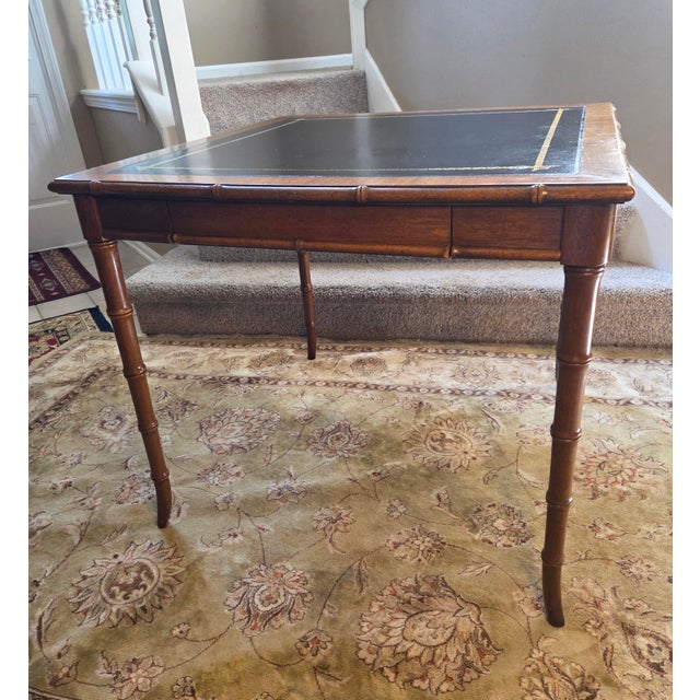 Chippendale Vintage Drexel Faux Bamboo Chippendale Style Leather Top Game Table For Sale - Image 3 of 14