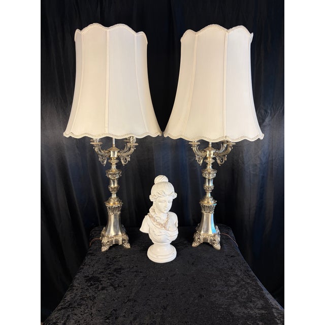 French 19th‑Century Louis XVI Style Four‑Arm Silver Candelabra Lamps — A Pair For Sale - Image 4 of 12