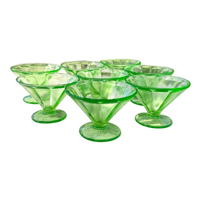 Vintage Green Federal Glass Sherbet Dishes - Set of 8 For Sale