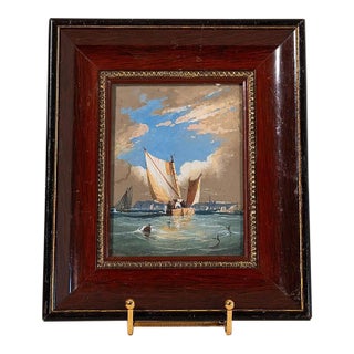 Mid 20th Century Original Seascape Watercolor in Cherry Hue Oak Frame For Sale