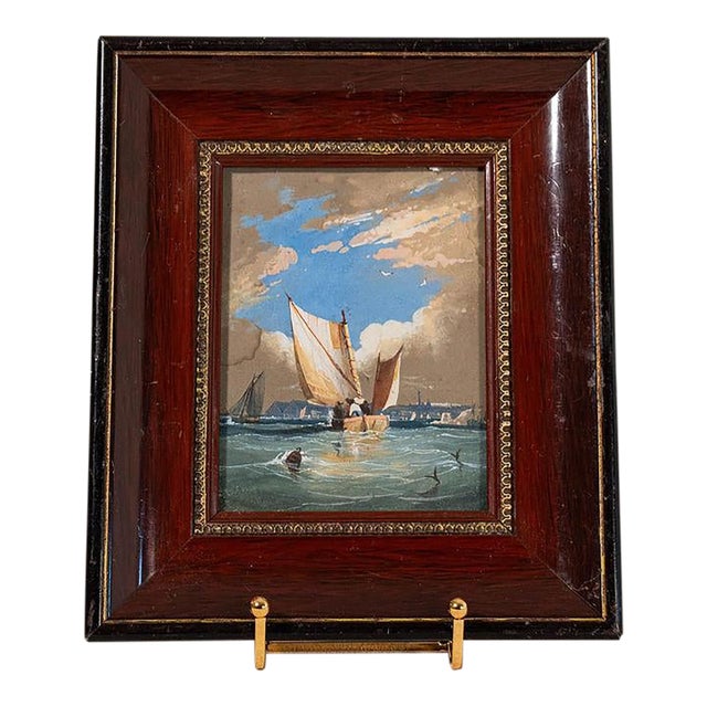 Mid 20th Century Original Seascape Watercolor in Cherry Hue Oak Frame For Sale